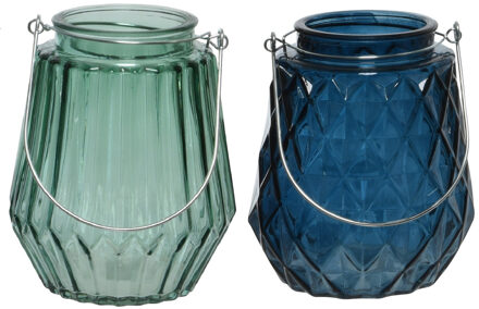 Decoris Set van 2x stuks theelichthouders/waxinelichthouders glas zeegroen en donkerblauw 11 x 13 cm