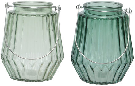 Decoris Set van 2x stuks theelichthouders/waxinelichthouders glas zeegroen en mistgroen 11 x 13 cm