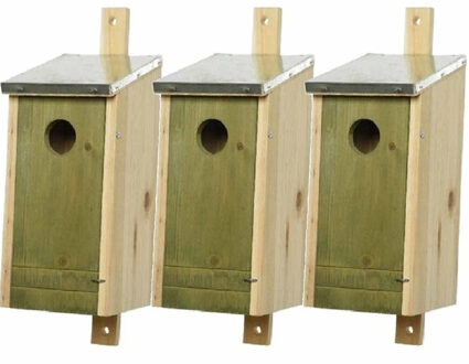 Decoris Set van 3 houten vogelhuisjes/nestkastjes met lichtgroene voorzijde en metalen dakje 26 cm - Vogelhuisjes tuindecoraties