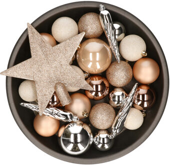 Decoris Set van 33x stuks kunststof kerstballen met ster piek bruin/wit/zilver mix Multi