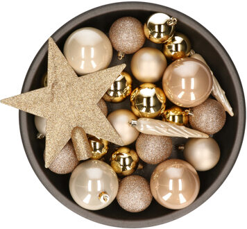 Decoris Set van 33x stuks kunststof kerstballen met ster piek goud/champagne/bruin mix