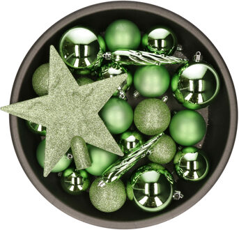 Decoris Set van 33x stuks kunststof kerstballen met ster piek groen mix
