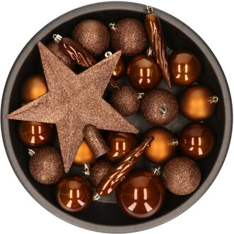 Decoris Set van 33x stuks kunststof kerstballen met ster piek kaneel bruin mix