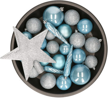 Decoris Set van 33x stuks kunststof kerstballen met ster piek lichtblauw mix