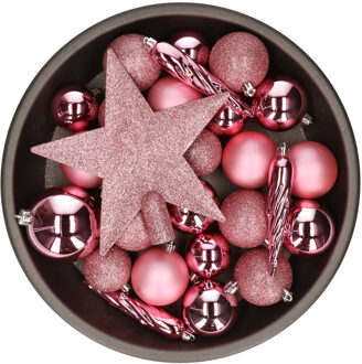 Decoris Set van 33x stuks kunststof kerstballen met ster piek lippenstift roze mix