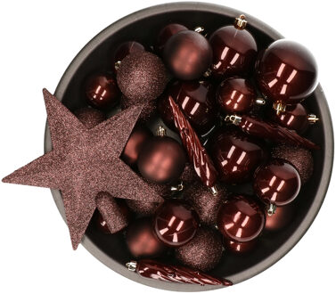 Decoris Set van 33x stuks kunststof kerstballen met ster piek mahonie bruin mix
