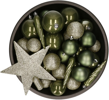 Decoris Set van 33x stuks kunststof kerstballen met ster piek mos groen mix