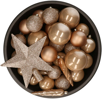 Decoris Set van 33x stuks kunststof kerstballen met ster piek toffee bruin mix