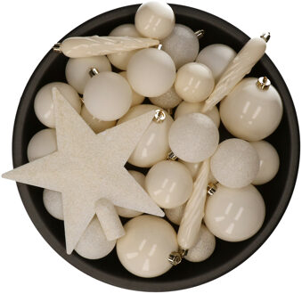 Decoris Set van 33x stuks kunststof kerstballen met ster piek wol wit mix