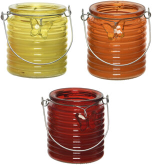 Decoris Set van 3x stuks citronella anti muggen kaarsen windlicht geel, oranje en rood 20 branduren - geurkaarsen Multikleur