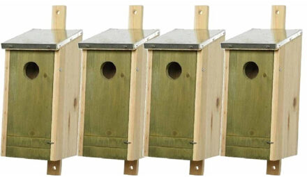 Decoris Set van 4 houten vogelhuisjes/nestkastjes met lichtgroene voorzijde en metalen dakje 26 cm - Vogelhuisjes tuindecoraties