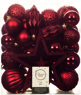 Decoris Set van 49x stuks kunststof kerstballen met ster piek donkerrood mix