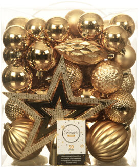 Decoris Set van 49x stuks kunststof kerstballen met ster piek goud mix - Kerstbal Goudkleurig