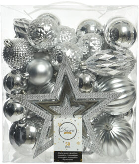 Decoris Set van 49x stuks kunststof kerstballen met ster piek zilver mix