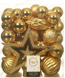 Decoris Set van 55x stuks kunststof kerstballen incl. ster piek goud