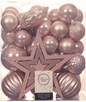 Decoris Set van 55x stuks kunststof kerstballen incl. ster piek lichtroze - Kerstbal