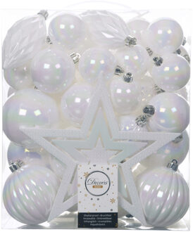 Decoris Set van 55x stuks kunststof kerstballen incl. ster piek parelmoer wit