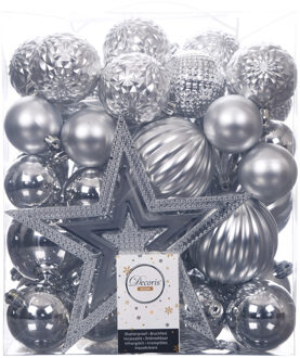 Decoris Set van 55x stuks kunststof kerstballen incl. ster piek zilver