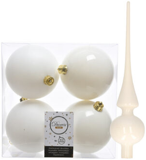 Decoris Set van 8x stuks kunststof kerstballen 10 cm en glazen piek wol wit - Kerstbal