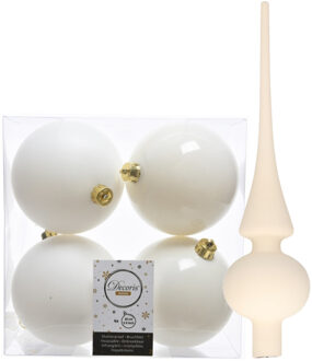 Decoris Set van 8x stuks kunststof kerstballen 10 cm en glazen piek wol wit - Kerstbal