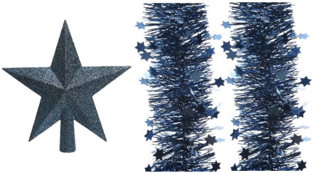 Decoris Set van een kerst ster piek en 2x stuks kerstslingers donkerblauw 270 x 10 cm