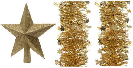 Decoris Set van een kerst ster piek en 2x stuks kerstslingers goud 270 x 10 cm - kerstboompieken Goudkleurig