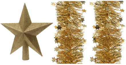Decoris Set van een kerst ster piek en 2x stuks kerstslingers goud 270 x 10 cm