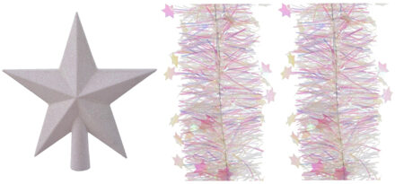 Decoris Set van een kerst ster piek en 2x stuks kerstslingers parelmoer wit 270 x 10 cm