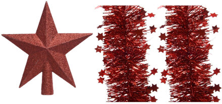 Decoris Set van een kerst ster piek en 2x stuks kerstslingers rood 270 x 10 cm