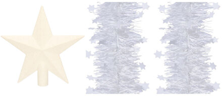 Decoris Set van een kerst ster piek en 2x stuks kerstslingers wit 270 x 10 cm