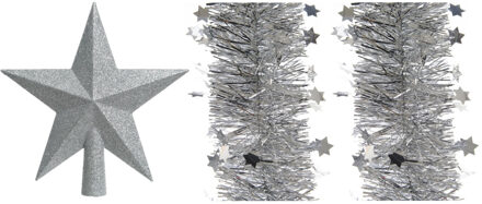 Decoris Set van een kerst ster piek en 2x stuks kerstslingers zilver 270 x 10 cm - kerstboompieken Zilverkleurig