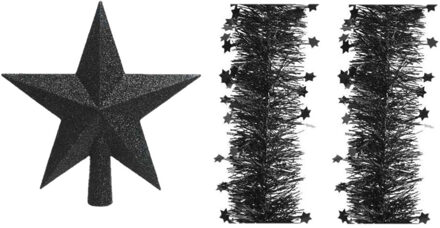 Decoris Set van een kerst ster piek en 2x stuks kerstslingers zwart 270 x 10 cm