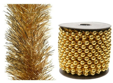 Decoris Set van kralenslinger 10 mtr en folie slinger 2,7 m goud