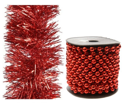 Decoris Set van kralenslinger 10 mtr en folie slinger 2,7 m rood - Kerstslingers