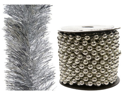 Decoris Set van kralenslinger 10 mtr en folie slinger 2,7 m zilver