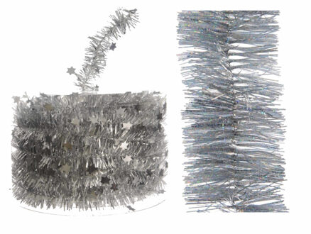 Decoris Set van zilveren glitter kerstslinger 270 cm en kerstboom sterren folieslinger 700 cm