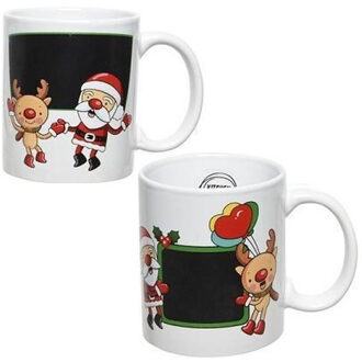 Decoris Setje van 2x stuks kerst thema kinder mokken/bekers met krijtvlak - Keramiek mokken van 300 Ml Wit