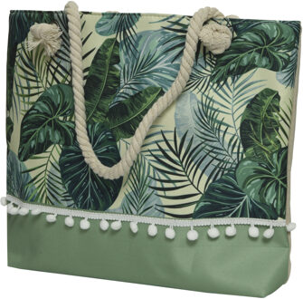 Decoris Strandtas met handvat groen met bladeren polyester 45 x 35 cm - Strandtassen