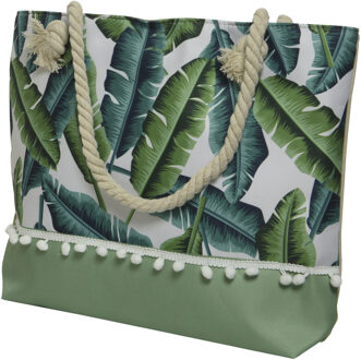 Decoris Strandtas met handvat groen met bladeren polyester 45 x 35 cm
