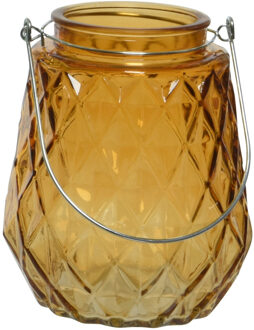Decoris Theelichthouders/waxinelichthouders ruitjes glas cognac/oranje met metalen handvat 11 x 13 cm