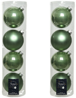 Decoris Tubes met 8x salie groene kerstballen van glas 10 cm glans en mat - Kerstbal