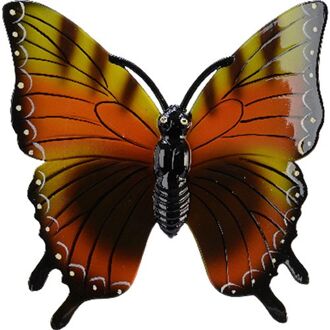 Decoris Tuin/schutting decoratie vlinder - kunststof - geeloranje - 24 x 24 cm - Tuinbeelden