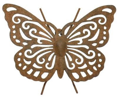 Decoris Tuin/schutting decoratie vlinder - metaal - roestbruin - 22 x 18 cm - Tuinbeelden