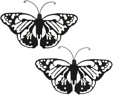 Decoris Tuin wanddecoratie vlinder - 2x - metaal - zwart - 17 x 12 cm