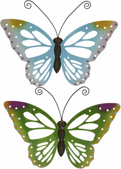 Decoris Tuindecoratie vlinders - 2x - metaal - groen en blauw - 51 x 38 cm - wand/schutting