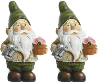 Decoris Tuinkabouter beeld - 2x stuks - Jorge tuinman - met solar verlichting - 24 cm - Tuinverlichting