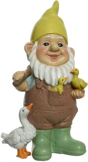 Decoris Tuinkabouter - met bijl en eendjes/gans - - kunststeen - H23 cm