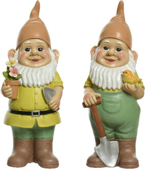 Decoris Tuinkabouter set 2x - tuinierende kabouters - kunststeen - H29 cm