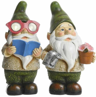 Decoris Tuinkabouters - 2x st - 24 cm - met solar verlichting - polyresin - tuinverlichting kabouter