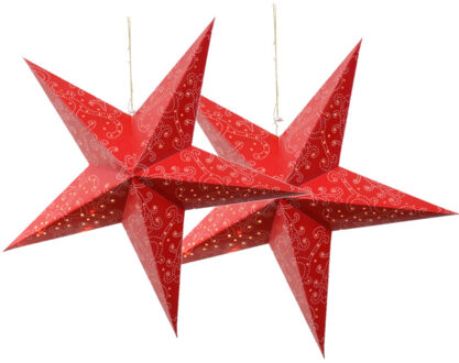 Decoris Verlichte kerststerren - 2x st- rood - 60 cm - papier - op batterijen
